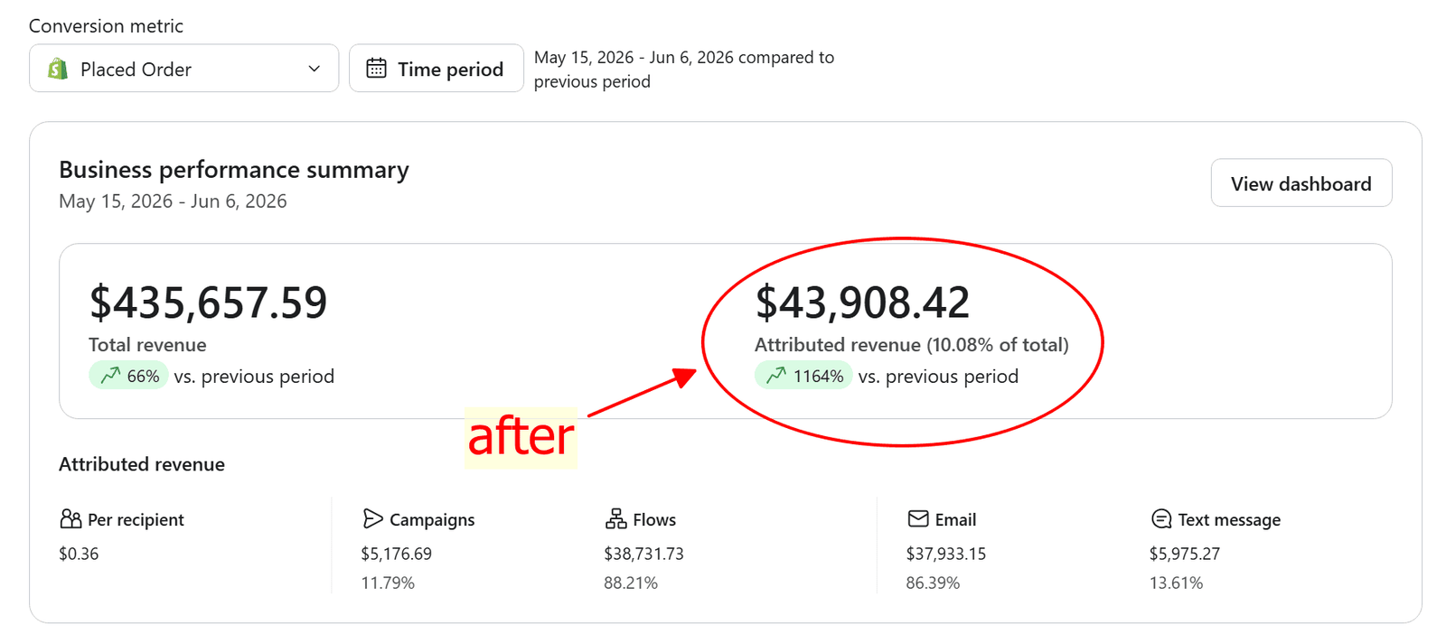 Klaviyo revenue dashboard after